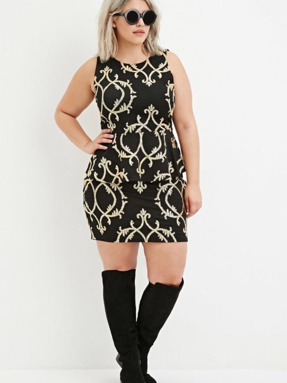 Forever 21 Plus Size Black Gold Metallic Ornate Peplum Top XL/1X